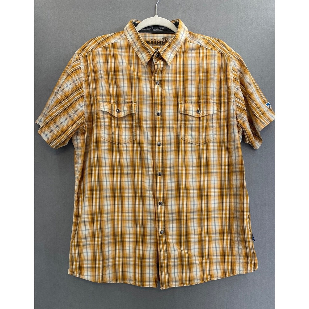 Kuhl Mens XL Plaid Short Sleeve Button Down Shirt Yellow Cotton Linen Blend